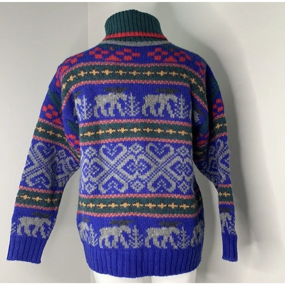 Eddie Bauer Sweater Pullover Vintage Wool turtleneck Deer Animals Geometric Aran - Picture 5 of 16